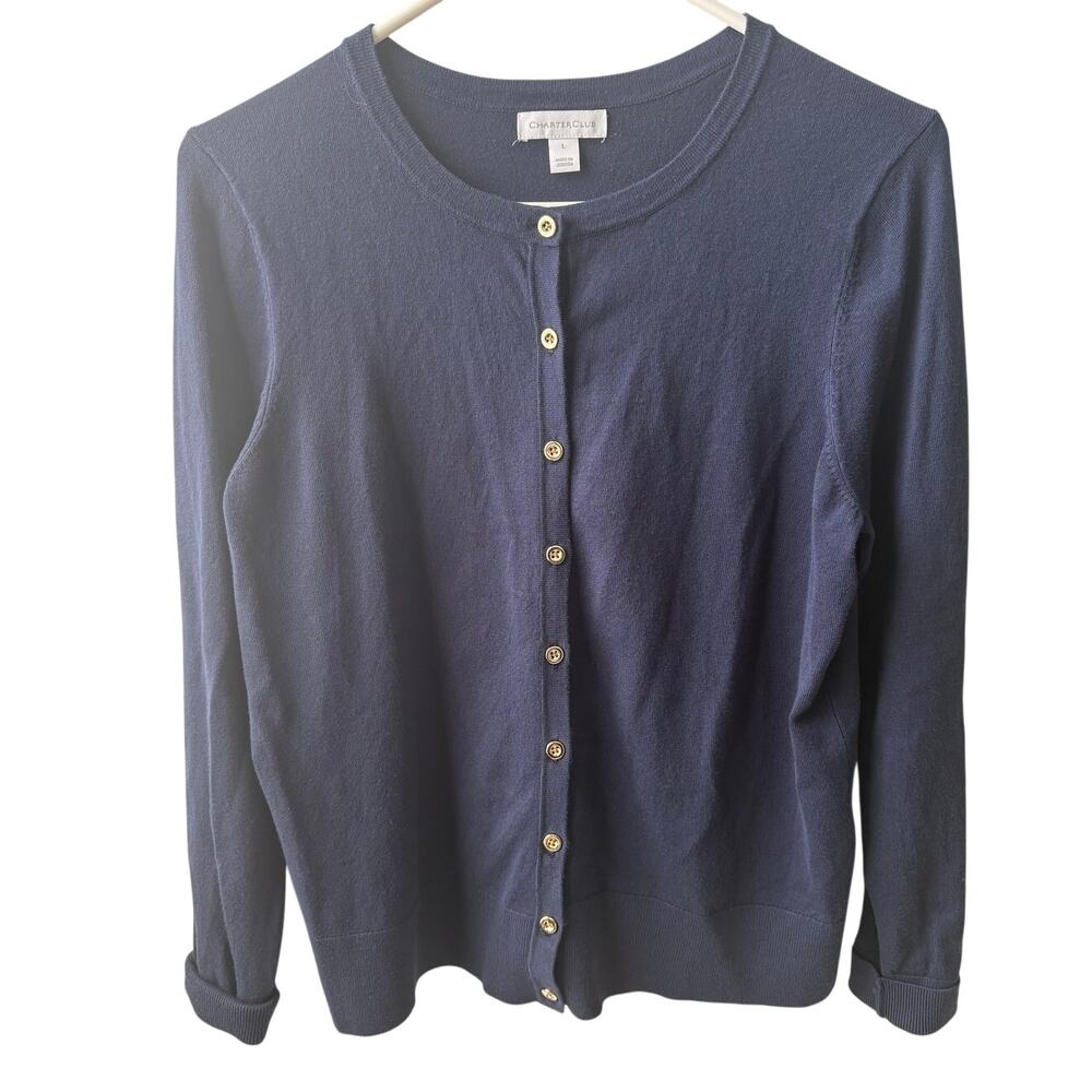 Charter Club Navy Blue Cardigan Sweater Gold buttons Rayon Blend L preppy